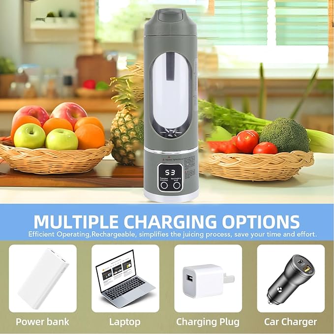 450ML Portable Juicer Cup - USB Rechargeable Travel Blender with 12 Blades &amp 3 Speeds - Smoothies &amp Fruit Juices for Home Office and Outdoors (Green)