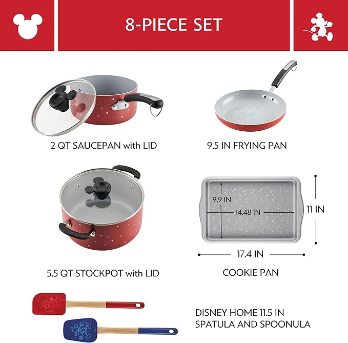 Farberware Disney Bon Voyage Ceramic Nonstick Pots and Pans Set with Baking Sheet/Cookie Pan and Disney Home Kitchen Tools 8 Piece Non Stick Cookware Set - Red