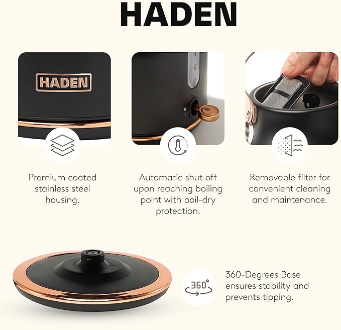 HADEN Heritage 1.7 Liter Stainless Steel Electric Kettle Bundled with 12 Cup Drip Coffee Maker Coffee Machine with Auto Shut-Off Black &amp Copper