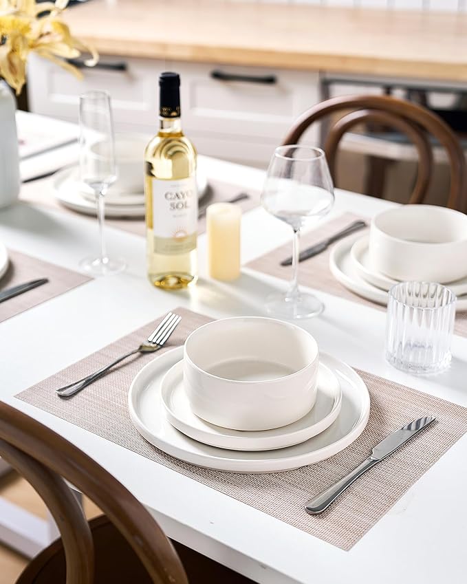 Famiware Porcelain Dinnerware Set 18-Piece Modern Plate and Bowl Set dish set for 6 Microwave and Dishwasher Safe Tableware White