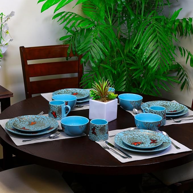 Butterfly Garden 16-Piece Stoneware Dinnerware Set – Elegant Blue &amp Gold Design Microwave &amp Dishwasher Safe