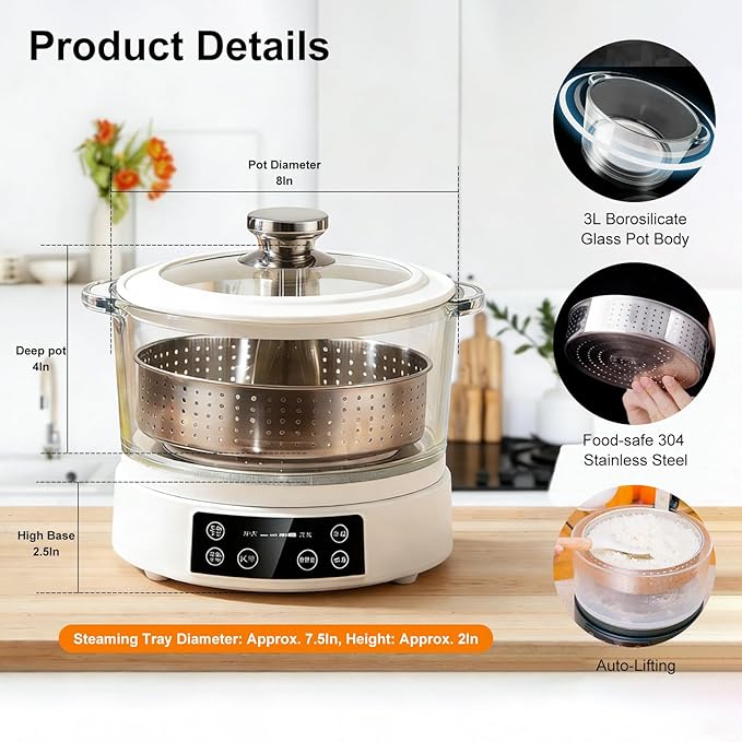 3L Low Carb Rice Cooker - 4H Keep Warm Low Sugar Rice Cooker with Auto-Lift Basket with Steaming Boiling and Hotpot in One