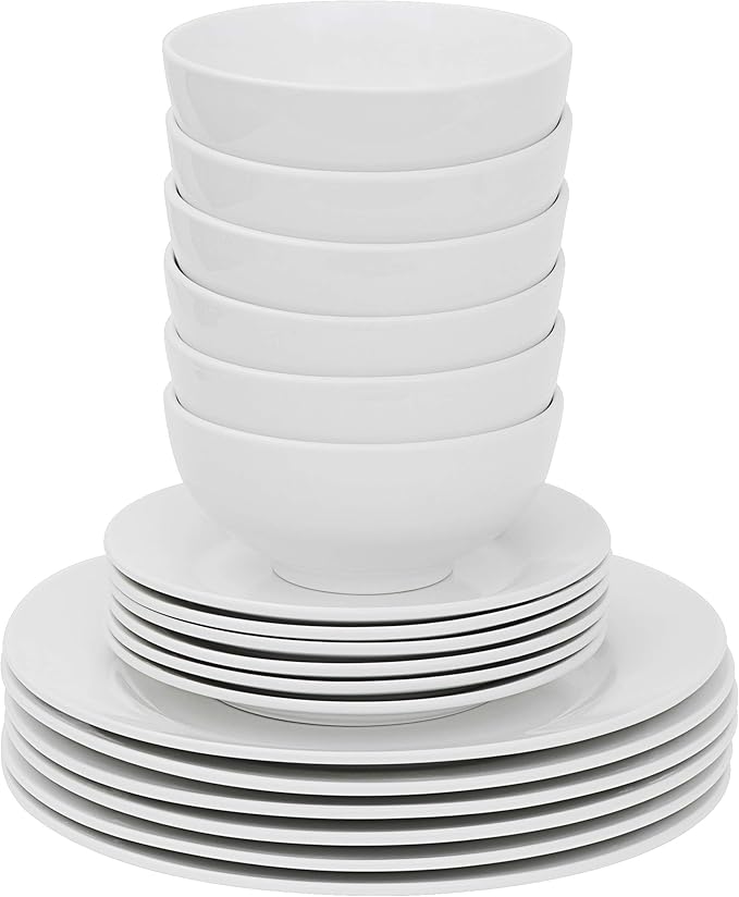 SUPER DEAL Round 18-Piece White Kitchen Dinnerware Set Service for 6 Plates and Bowls – Microwave Oven and Dishwasher Safe