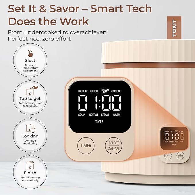 TOKIT Rice Cooker Small 3 Cup Uncooked /6 Cup Cooked Modern Multifunctional Mini Rice Cooker with Display Touch Button for 1-3 People Ceramic Coated Non-Stick Pot 8 Cook Functions - Cooking &amp War