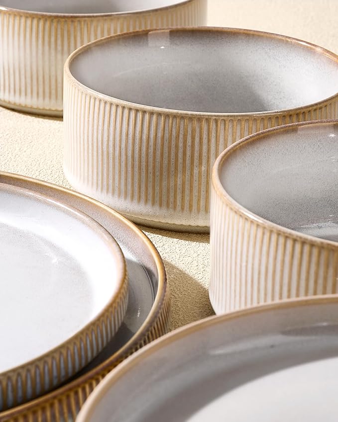 Stoneware Plates and Bowls Dishes Sets for 6 (18-Piece) Famiware Premium Handcrafted Reactive Glaze Dinnerware Set with Raised Rim Scratch Resistant Microwave Dishwasher Safe Cappuccino White