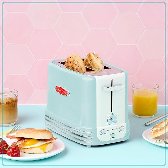 Nostalgia New and Improved Wide 2-Slice Toaster Perfect For Bread English Muffins Bagels 5 Browning Levels With Crumb Tray &amp Cord Storage Aqua