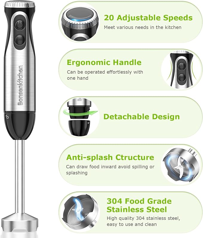 Bonsenkitchen Immersion Handheld Blender with Whisk 20-Speed &amp Turbo Mode Hand Blender Stick 500W 304 Stainless Steel Hand Blender for Soup Smoothie Puree Baby Food