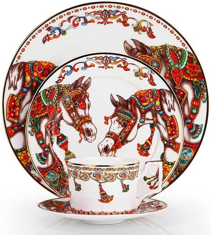 European Style Dinnerware Set Service for 2 Bone China Dinnerware Sets Unbreakable Porcelain Dinner Sets Coffee Cup and Saucer Tableware Set Steak Dinner Plates Dish Set Triumph Horse-2