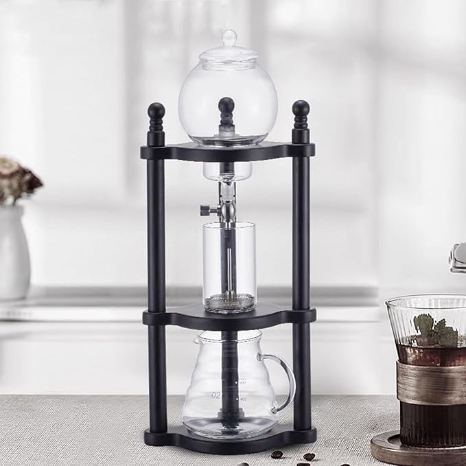 Ice Drip Coffee Maker Cold Brew Coffee Dripper Tower with Adjustable Dripper 600ml Glass Jug Wood Straight Frame for Home Coffee Shop 3-5 Cups (Black)