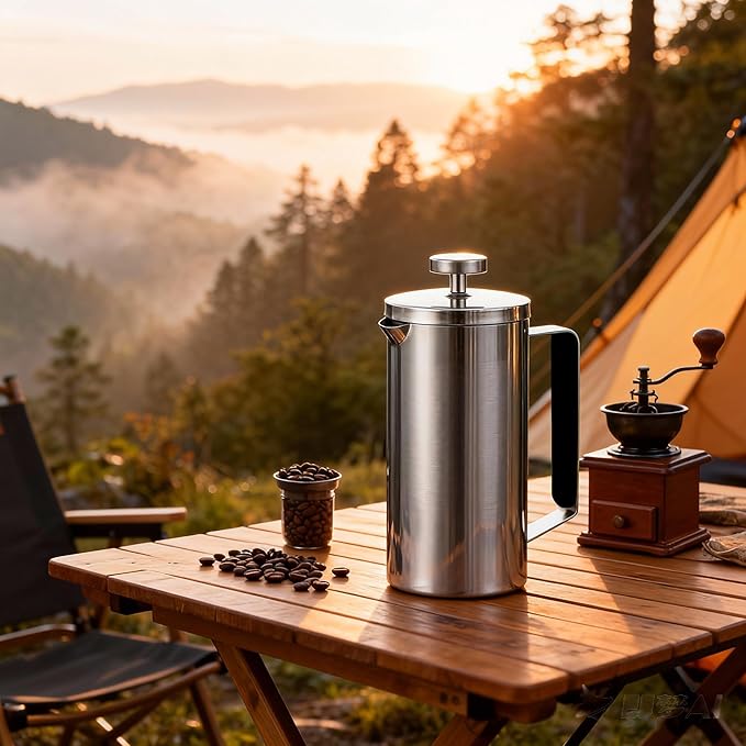 Samll French Press Coffee Maker 21OZ Stainless Steel 600ml Coffee Press with Black Handle for Personal Office TravelCamping (Sanding Silver 1-3 Cups)