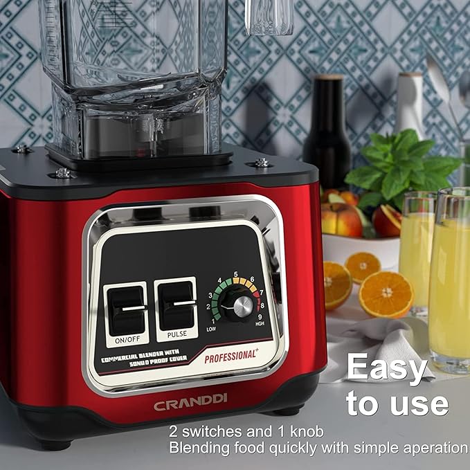 CRANDDI Professional Smoothie Blender 2200W Commercial Soundproof Quiet blender with Removable Soundproof Shield for Crushing Ice MilkShakes Puree Self-Cleaning 50oz 110V K80 (Red)