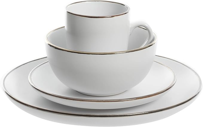 Gibson Home Rockaway Round Stoneware Dinnerware Set Service for 4 (16pcs) Matte White/Metallic Rim
