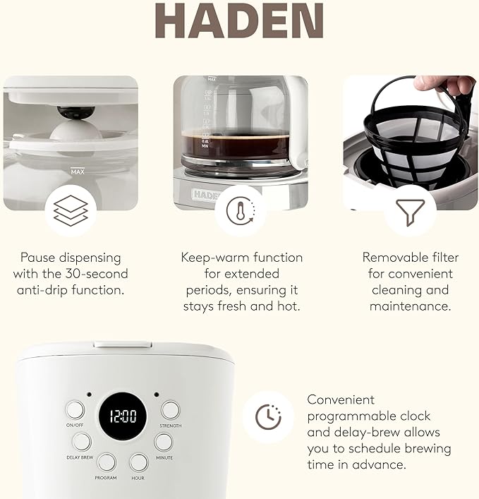 Haden 12 Cup Programmable Coffee Maker with Brew Strength Control and Heritage Stainless Steel Bread Toaster 2 Slice Wide Slot Ivory &amp Chrome