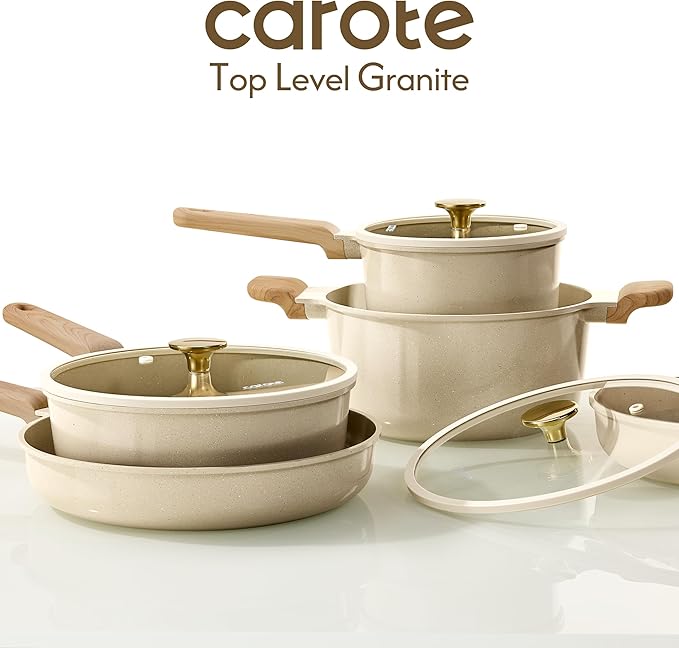 CAROTE 14Pcs Pots and Pans Set Non stick Ceramic Cookware Set Non-toxic Kitchen Cooking Set PFAS and PFOA Free