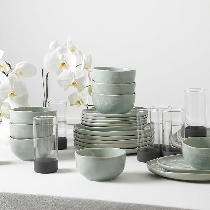 Stone Lain Mirella 16-Piece Dinnerware Set Stoneware Borosilicate Glass Light Green