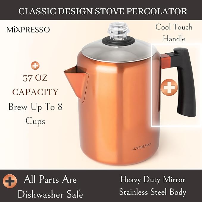 Mixpresso Copper Stainless Steel Coffee Percolator Stovetop 37oz Classic Percolator Coffee Pot Great For Camping Pot 5-8 Cup Stove Top Espresso Maker Cool-Touch Handle