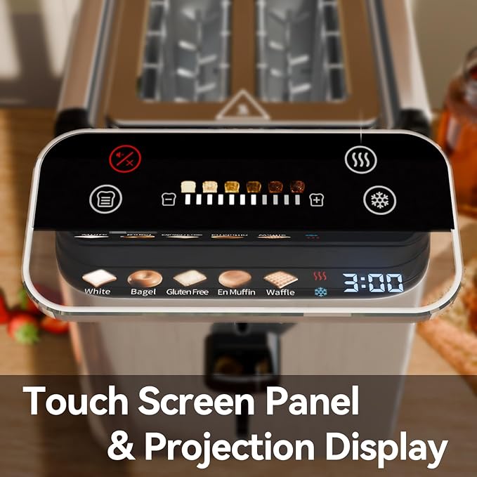 whall Toaster 4 Slice Touch Screen Toasters with Projection Display 1.5 Wide Slot 5 Bread Types &amp 11 Shade Settings Digital Timer Warming Rack Crumb Tray Reheat/Defrost Grey