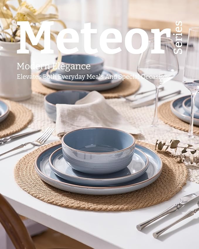 Famiware Meteor Plates and Bowls Sets for 4 12 Pieces Dinnerware Sets Microwave and Dishwasher Safe Dishes Set Blue Gray