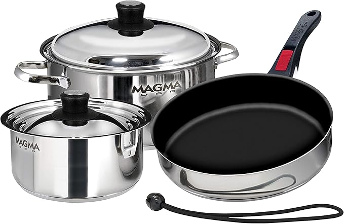 Magma 7 Piece Gourmet Nesting Stainless Steel Cookware Set with Ceramica Non-Stick Induction Compatible Oven Safe to 500°F - Suitable for All Stovetops Removable Handles Stainless Steel