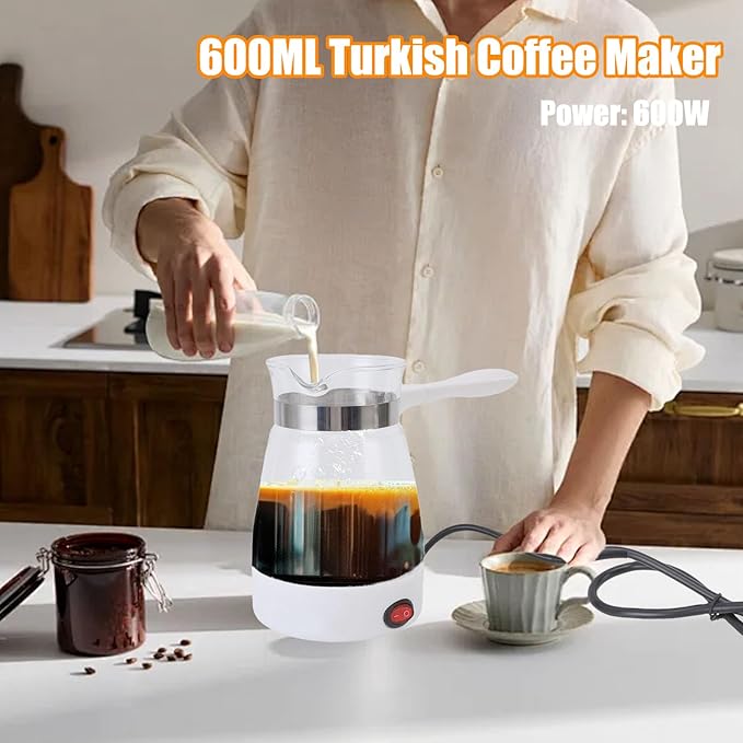 600ML Electric Turkish Coffee Maker 600W Electric Turkish Coffee Pot Glass Stainless Steel Coffee Tea Warmer Kettle Removable Anti Scald Handle for Home Heat Water Tea