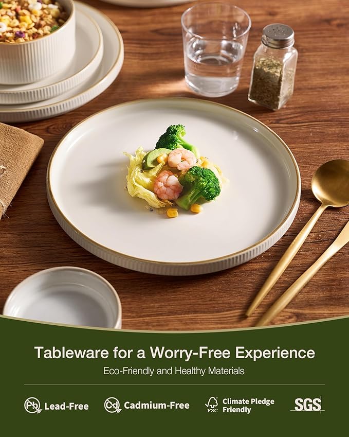 Famiware Star Dinnerware Set Plates and Bowls Sets for 8 (24pcs) Ribbed Stoneware Dishes - Chip &amp Scratch Resistant Microwave &amp Dishwasher Safe Tableware White