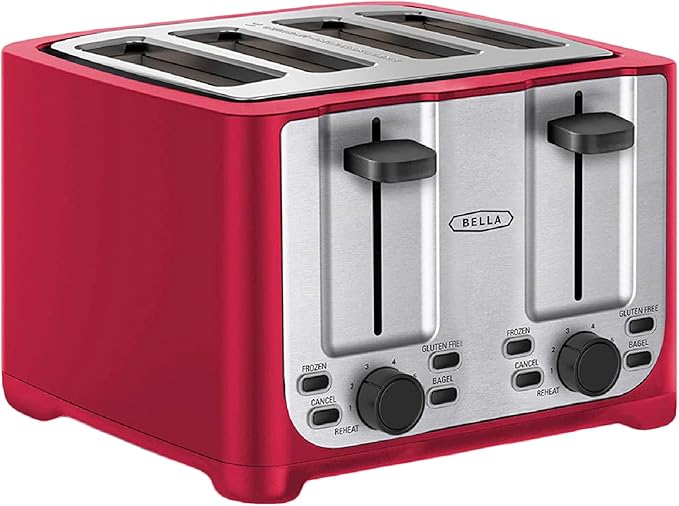 bella 4 Slice Toaster with Auto Shut Off Extra Wide Slots &amp Removable Crumb Tray and Cancel Defrost &amp Reheat Function Toast Bread &amp Bagel Red