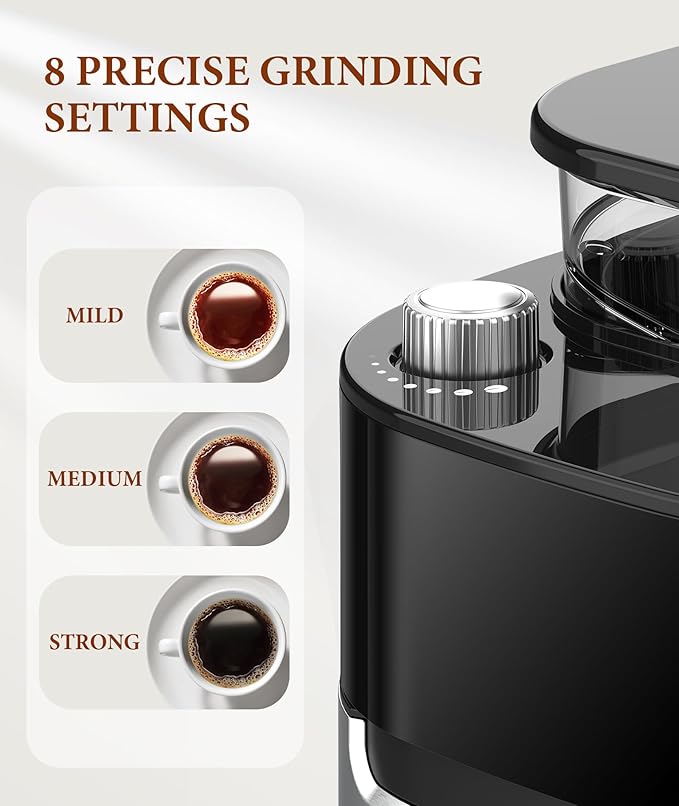 Joy Pebble 10-Cup Drip Coffee Maker with Built-in Grinder Touch-Screen Programmable Brew Coffee Machine with Timer 8 Grinding Settings Reusable Filter Keep Warm Plate 50.7oz Water Tank
