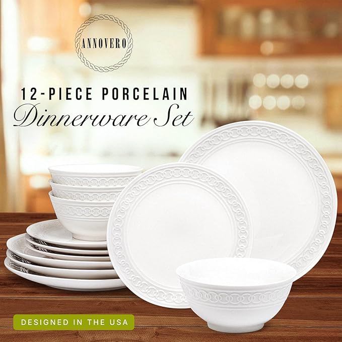 Annovero Plates and Bowls Sets - Dishes Set for 4 - Microwave Safe - 12 Piece Porcelain Dinnerware for Kitchen - Includes 4 Dinner &amp 4 Appetizer Plates 4 Cereal Bowls - Zero Lead &amp Cadmium