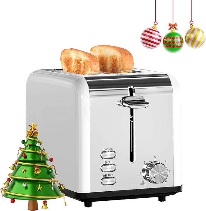 HealSmart 2-Slice Stainless Steel Toaster 6 Browning Setting and 3 Function Toaster Extra Wide Slot &amp Removable Crumb Tray for Bread &amp Waffle White
