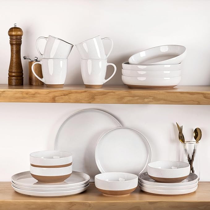 GBHOME 24-Piece Ceramic Dinnerware Set for 6 Handpainted Plates Pasta Bowls &amp Bowls Set with Rustic Terracotta Underside Scratch-Resistant Dishwasher &amp Microwave SafeSpeckled Glaze White