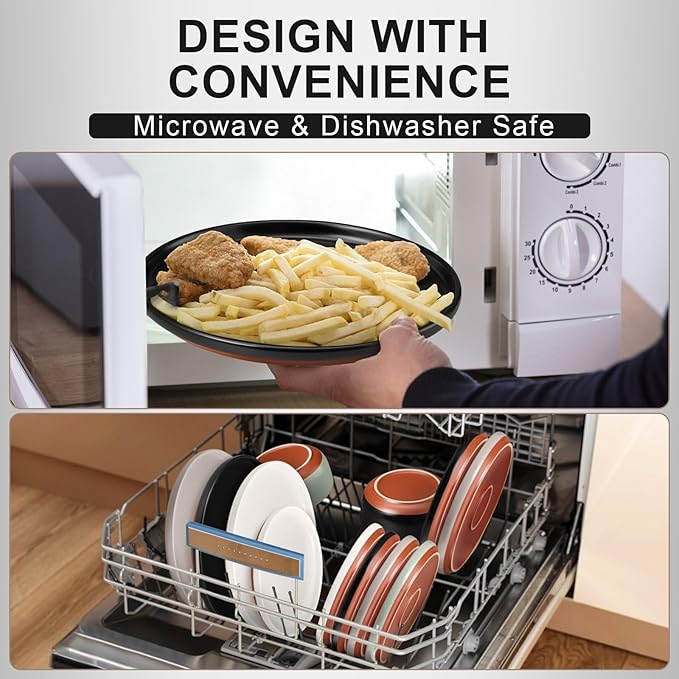 E-far 18-Piece Stoneware Plates and Bowls Sets Dinnerware Sets for 6 Ceramic Dishware Dishes Set with Terracotta Base Chip &amp Scratch Resistant Microwave &amp Dishwasher Safe Matte Black