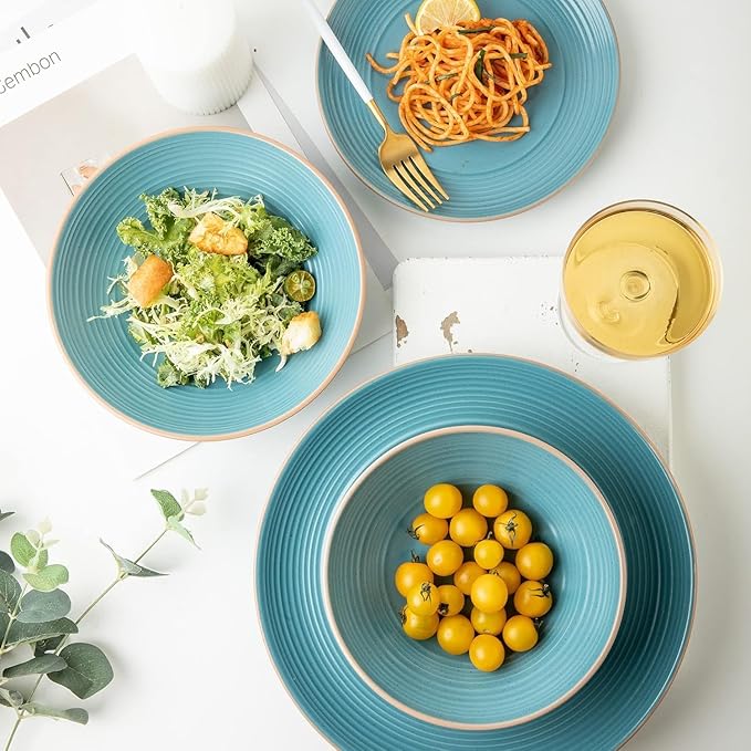 RINGAR Round Stoneware 16pc Double Bowl Dinnerware Set for 4 Dinner Plates Side Plates Cereal Bowls Pasta Bowls - Speckle Matte Turquoise (428525)