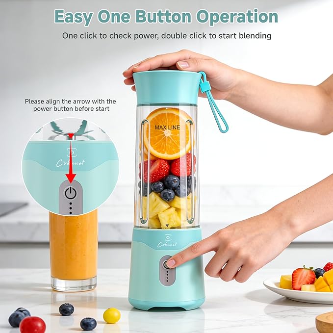 COKUNST Portable Blender USB C Rechargeable Personal Blender Small Smoothie &amp Shake Maker with 6 Blades Compact Travel Mini Juicer Cup with Extra Lid for Home Gym Office 18oz Green