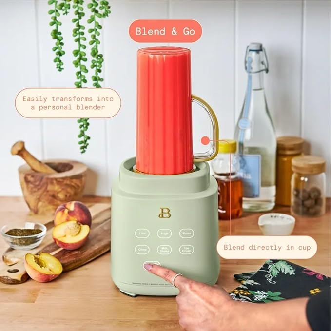High Performance Countertop Blender System with Personal Blending Cups Ice Crushing Smoothie and Food Processing (Sage Green)