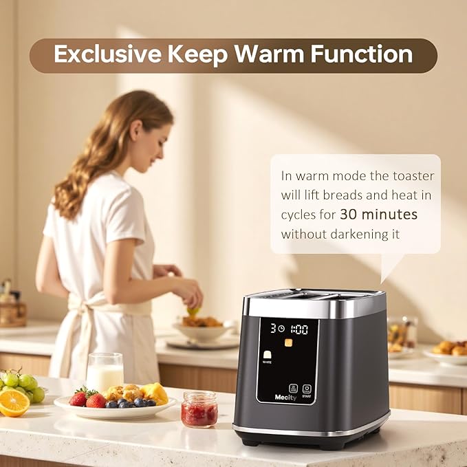 Mecity 2 Slice Toaster with Touch Screen &amp Auto Lift Stainless Steel Cool-Touch Toaster with 8 Bread Settings 5 Shade Levels 1200W High Power Keep Warm &amp Reheat Function Metallic Grey 12