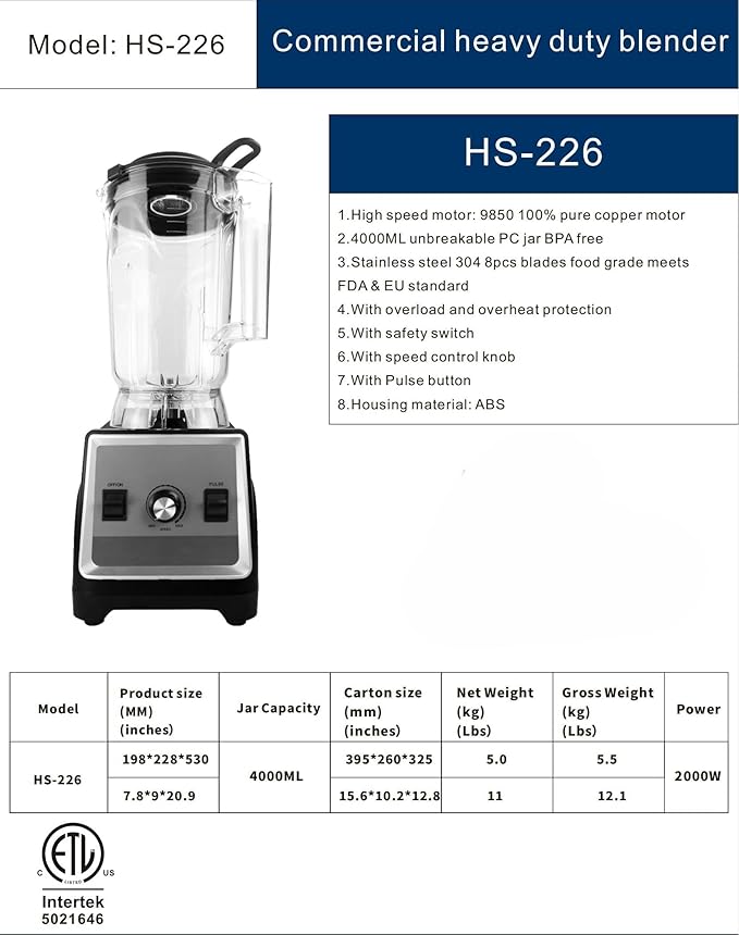 Commercial Blender HS-226 4000ml BPA-Free Jar 1400W High Speed Motor 8 Stainless Steel Blades HS-226 ETL