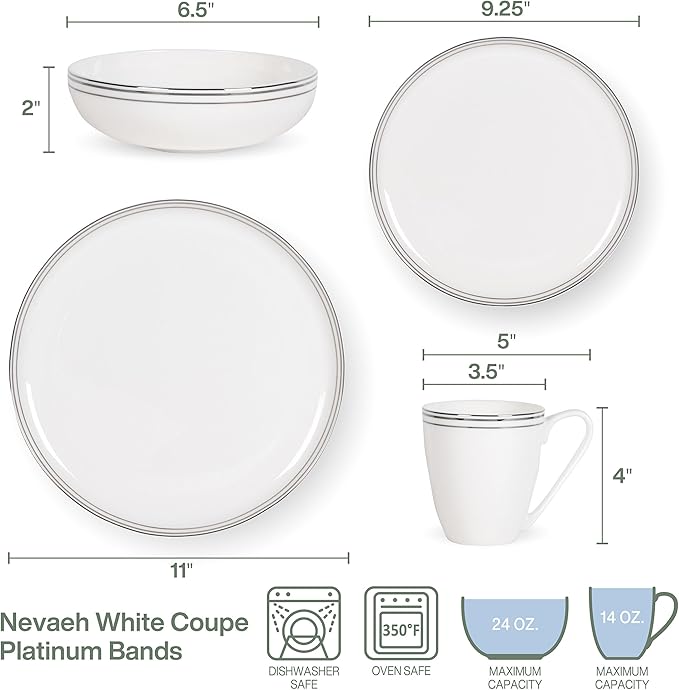 Everyday White by Fitz and Floyd Nevaeh Bone China Coupe Platinum Bands Dinnerware Set Service for 4