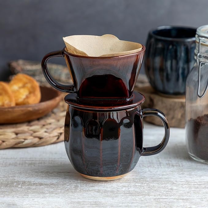 Asayu Japan Ceramic Coffee Pour Over Maker Set in Chocolate Brown Slow Brewing Paper Filter Holder and Dripper with 3 Holes for Coffee and Tea (Coffee Dripper Cone)