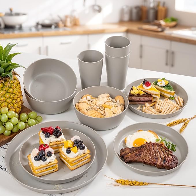 EI 24pcs Grey Wheat Straw Dinnerware Set of 6Reuasble Unbreakable Dinner PlatesWheat Plates and Bowls Sets for CampingPicnincFamily Dinner
