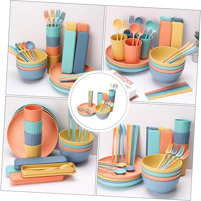 4sets Portable Cutlery Set Straw Bowl Cup Plate Farmhouse Dinnerware Wheatstraw Dinnerware Set
