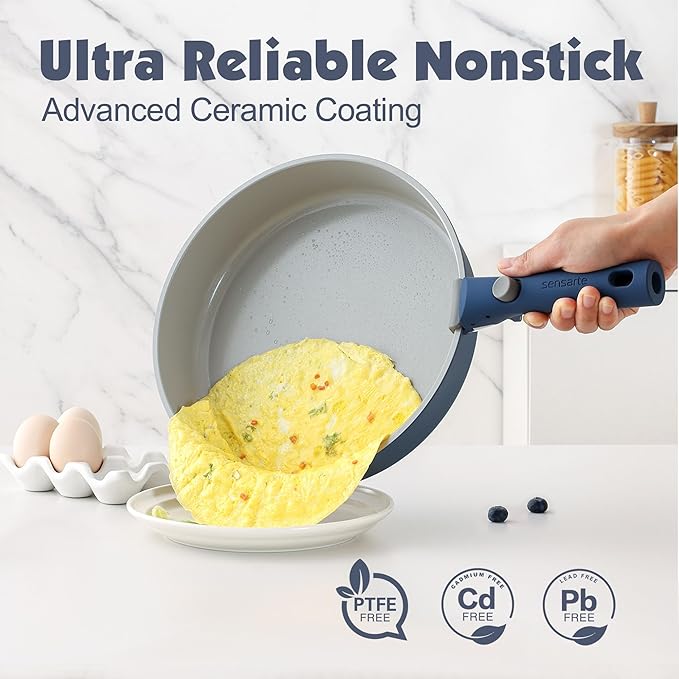 SENSARTE 24 Piece Ceramic Pots and Pans Set Nonstick Detachable Handle Cookware Induction Kitchen Cookware Set with Removable Handle Healthy Non Stick for RV Dishwasher＆Oven Safe PFOA Free (Navy)