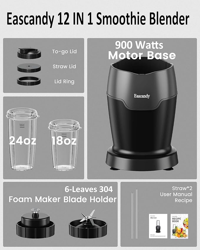 Real 900 Watts Smoothie Blender for Shakes and Smoothies with Milk Frother 12 in 1 Set Personal Blender Germany Stainless Steel Blades Smoothie Maker with 2 Tritan Sport Cups