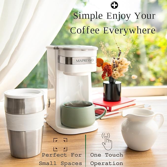 Mixpresso White Personal Single Serve Coffee Maker with 14oz Travel Mug Drip Small Coffee Maker with Auto Shut Off Reusable Filter Works with Ground Coffee Only – Not for K-Cup Pods