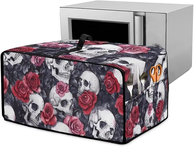 Skull Rose Print Toaster Oven Dust Cover for Kitchen Counter Decorative Washable Toaster Oven Air Fryer Cover Dust Protection 18.5 x 14.5 x 9 Grey and Red