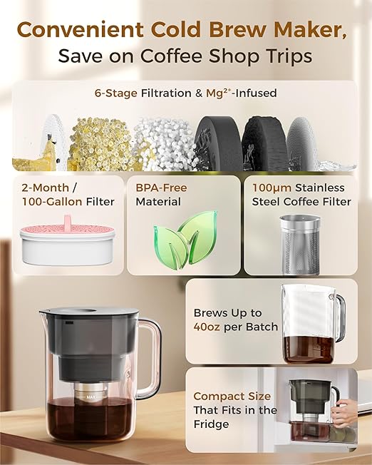 Waterdrop Cold Brew Coffee Maker with 1 Magnesium Water Filter for Well-Balanced Acidity Unlocks Aroma BPA-Free Cold Brew Pitcher Stainless Steel Filter for Iced Coffee Tea Lemonade Black
