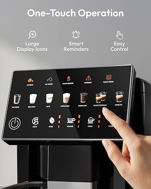 Automatic Espresso Machine 20 Bar Coffee Maker with Grinder Built in Milk Frother 15-Grind Settings Fully Automatic Espresso Machine with Touch Screen Auto Self-Cleaning for Cappuccino &amp Latte