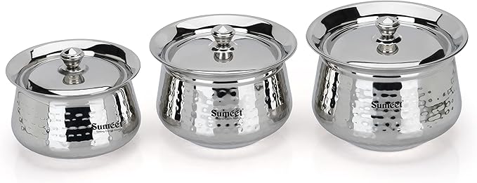 Sumeet Stainless Steel Handcrafted Hammered Texture Handi Set with Lid for Kitchen Set of 3 950ml 1300ml &amp 1700ml Silver
