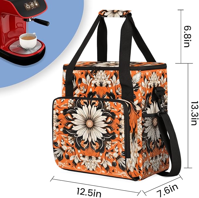 Orange Mandala Coffee Maker Carrying Bag Retro Mandala Travel Storage Bag Compatible with K-Mini or K-Mini Plus Single Serve Coffee Brewer Carrying Case with Multiple Pockets &amp Shoulder Strap