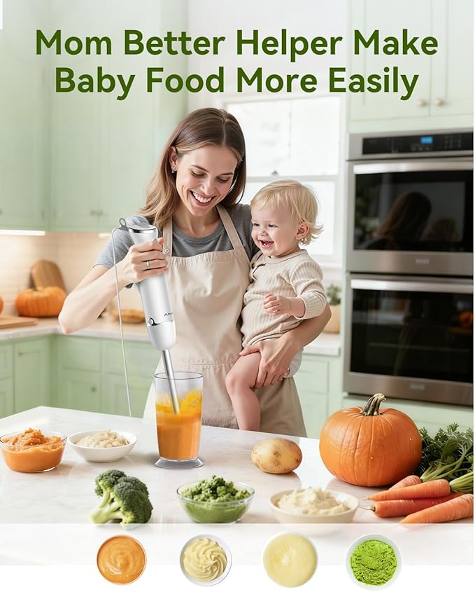 Immersion Blender Handheld 5 in 1 Hand Blender 1000W Hand Mixer Stick BPA-Free 12 Speed Handheld Blender with Mixing Beaker Chopper Whisk and Milk Frother for Soup Sauce Baby Food (White)