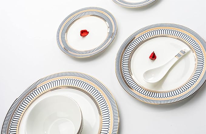 Plates and Bowls Sets for 4 1st-Class Bone-China Dinnerware Sets 19 Pieces Porcelain Dinner Dish Sets Handcrafted Golden Trim Tableware Set Home Décor Dinnerware 45% Bone Meal (Gold)